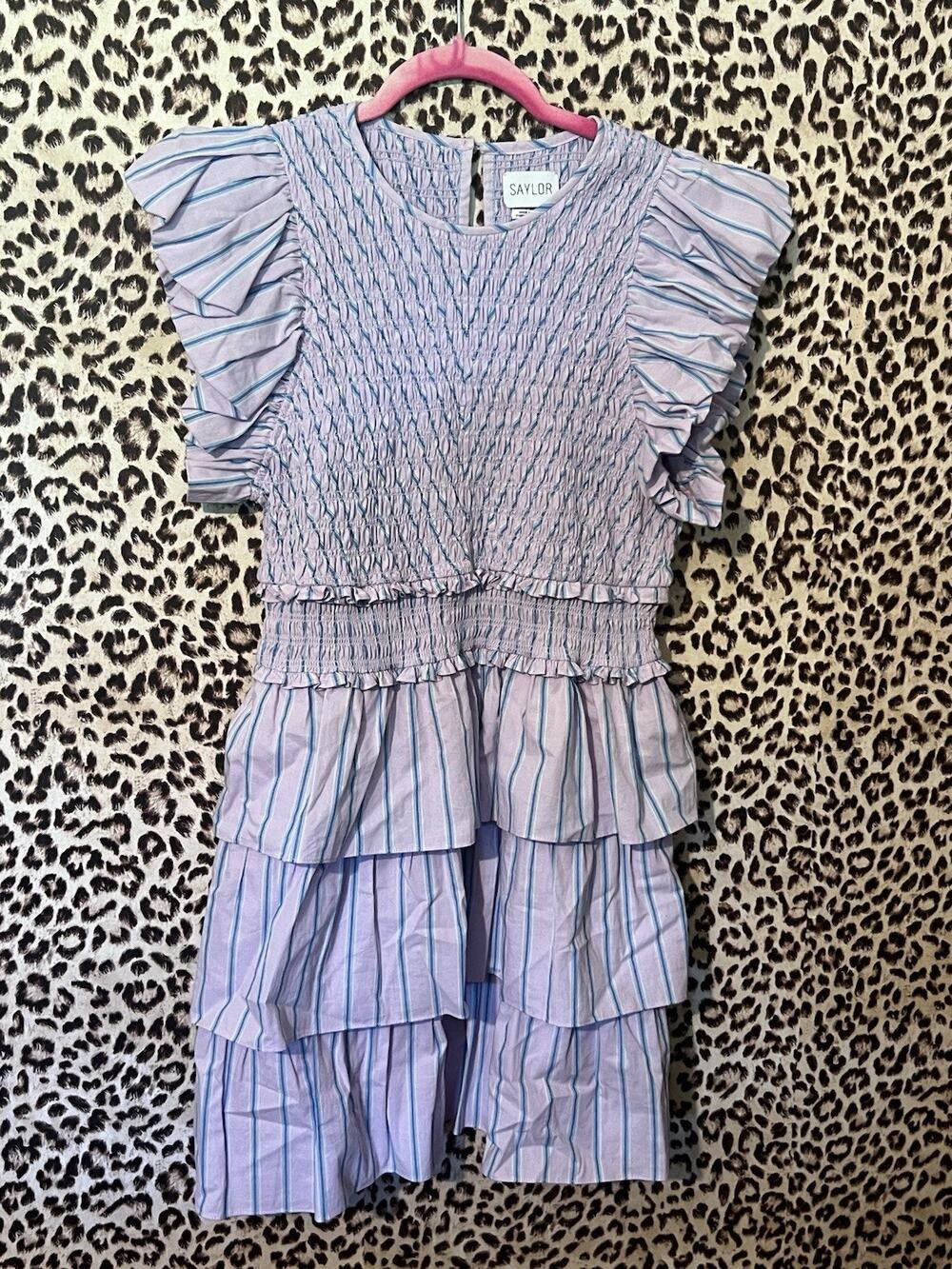 Saylor Women’s Medium Lavender Stripe Smocked Ruffle Tiered Dress Cottagecore